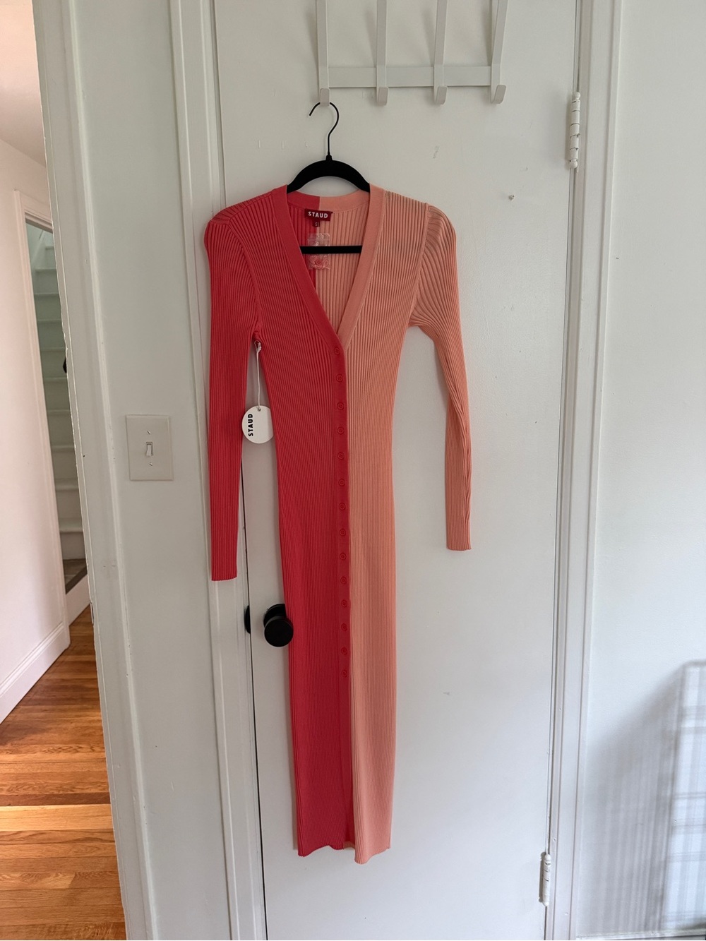 Staud Two-Tone Ribbed Button-Front Maxi Dress in Coral/Pink